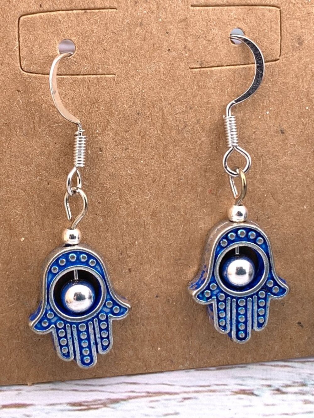 Blue & Silver Hamsa Hand Fatima Handmade Handcrafted Earrings LR177
